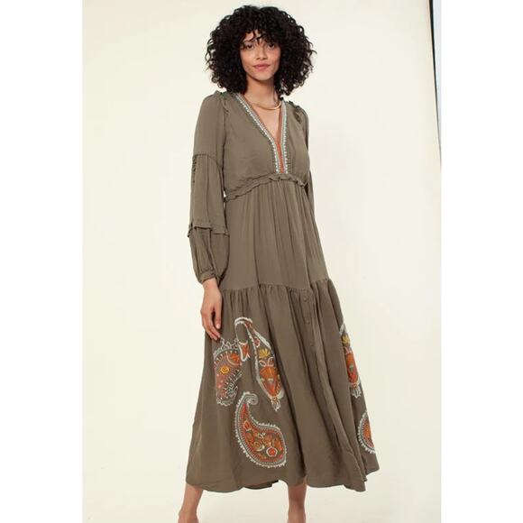 Hale Bob Josephine Embroidered Maxi Dress on Olive Green size XS - Picture 1 of 7